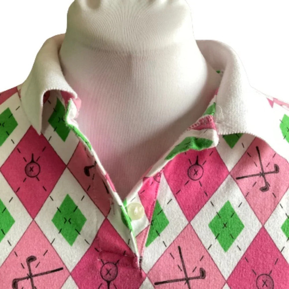 ALLYSON Whitmore Golf Polo Pink, White & Green Pattern w Golf Tees and Clubs, PL - Picture 3 of 11